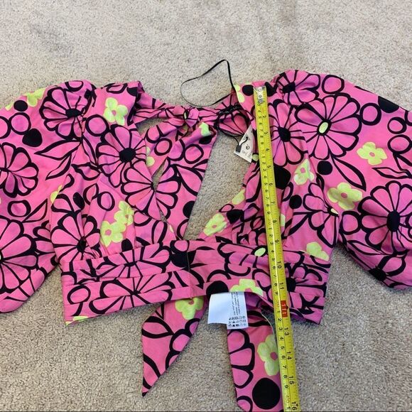 ZARA Fuchsia floral V neck balloon sleeve crop top pink yellow black Sz S NWT - Picture 6 of 8